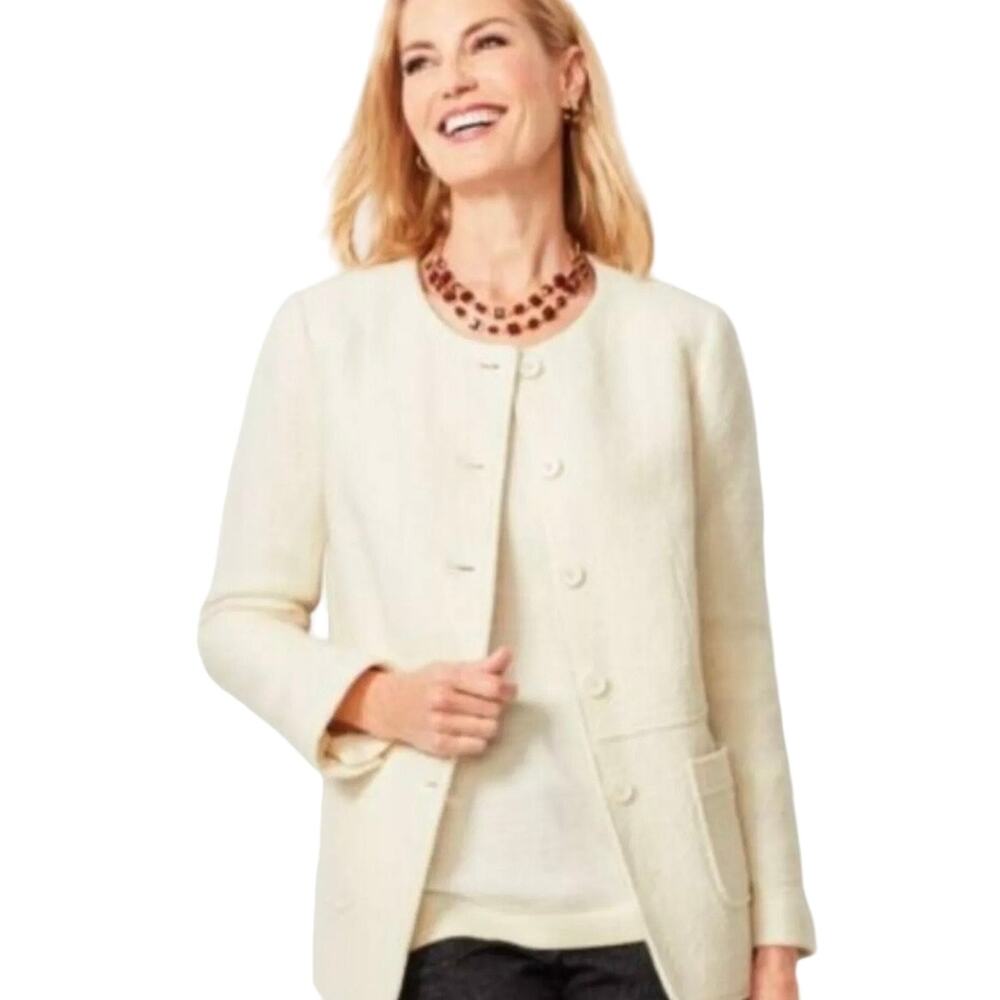 Talbots Boiled Wool Blend Blazer Womens Sz 14 Cream Cardigan Lined Career Jacket